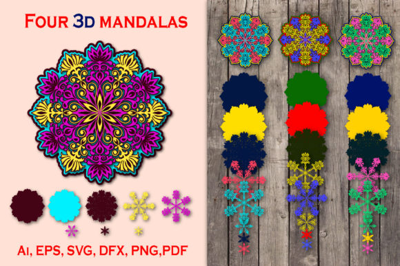 Four Bright 3D Mandalas: Elevating Digital Craftsmanship with Versatile Vector Assets